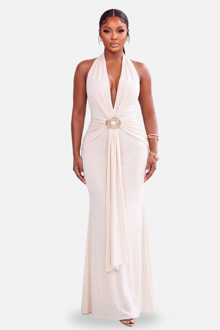 The Seraphina Draped Halter Maxi Dress [Ivory]