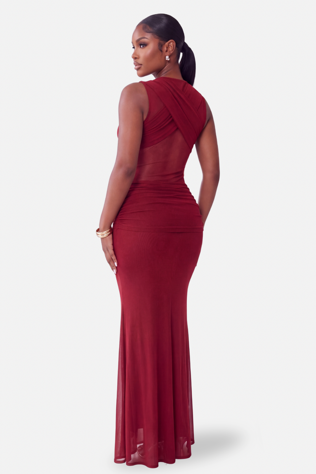 The Amara Draped Mesh Maxi Dress [Burgundy]