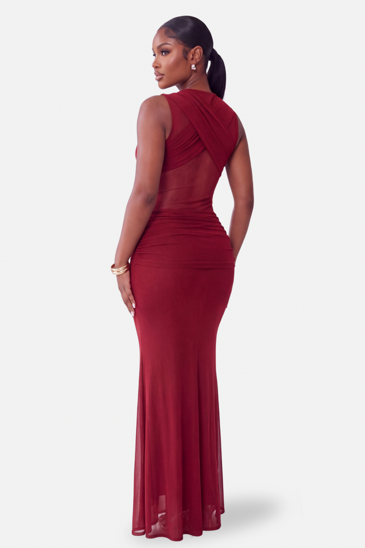 The Amara Draped Mesh Maxi Dress [Burgundy]