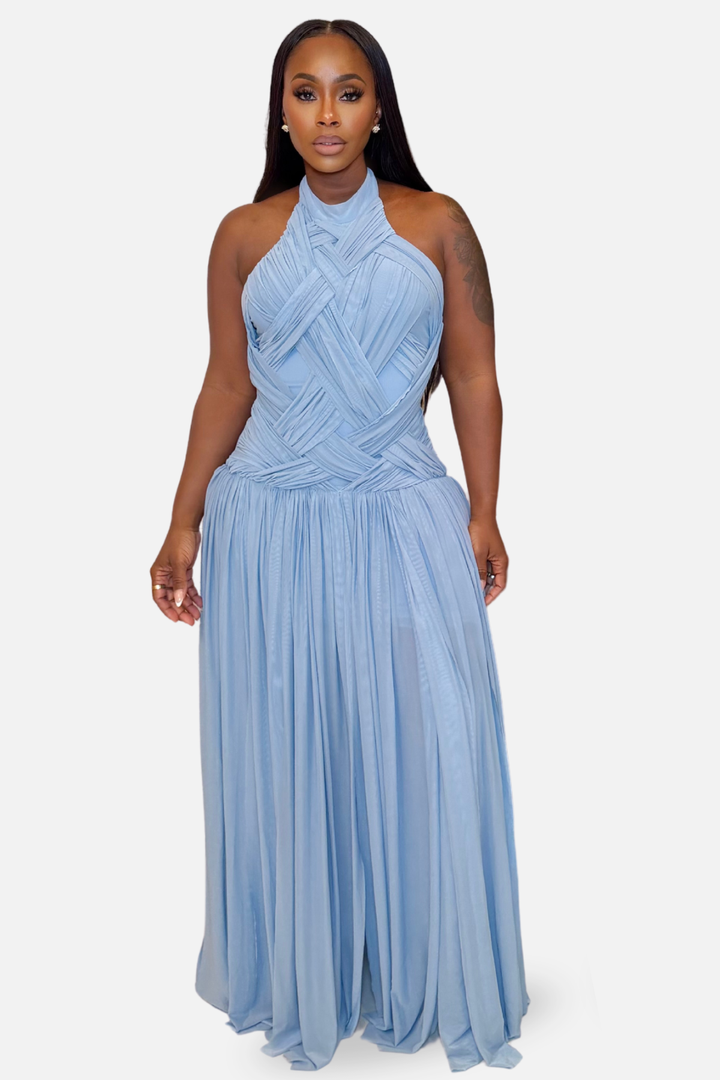 The Celeste Draped Halter Maxi Dress [Powder Blue]