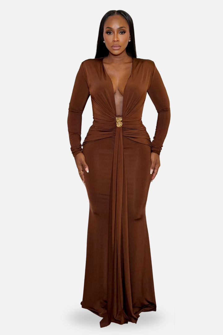 Amara Luxe Draped Maxi Dress Chocolate Brown