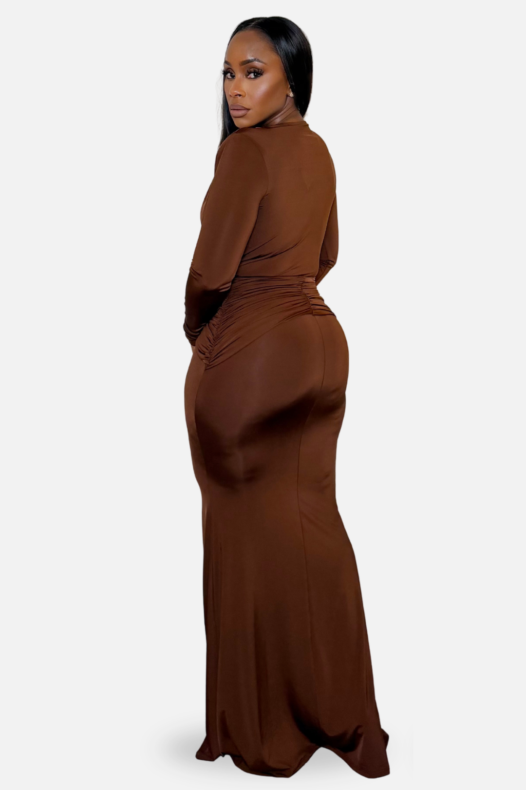 Amara Luxe Draped Maxi Dress Chocolate Brown