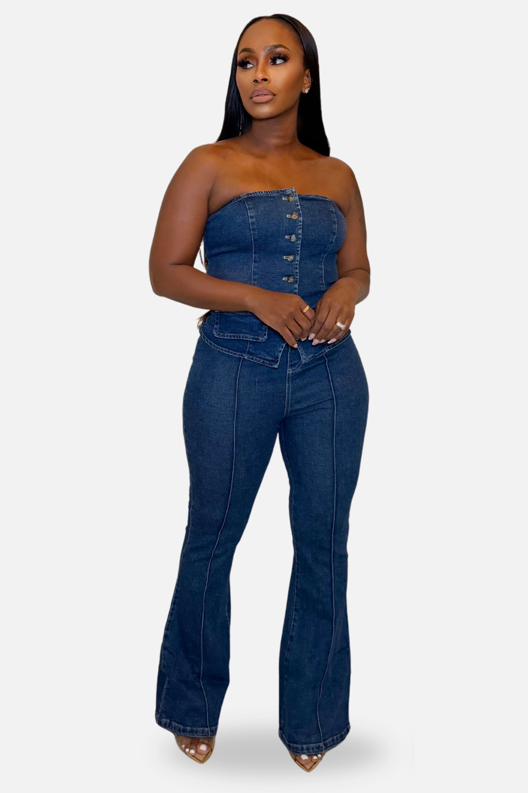 The Monroe Strapless Denim Vest &amp;amp; Flare Pants Set [Dark Wash]