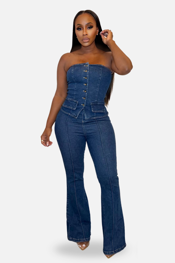 The Monroe Strapless Denim Vest &amp;amp; Flare Pants Set [Dark Wash]