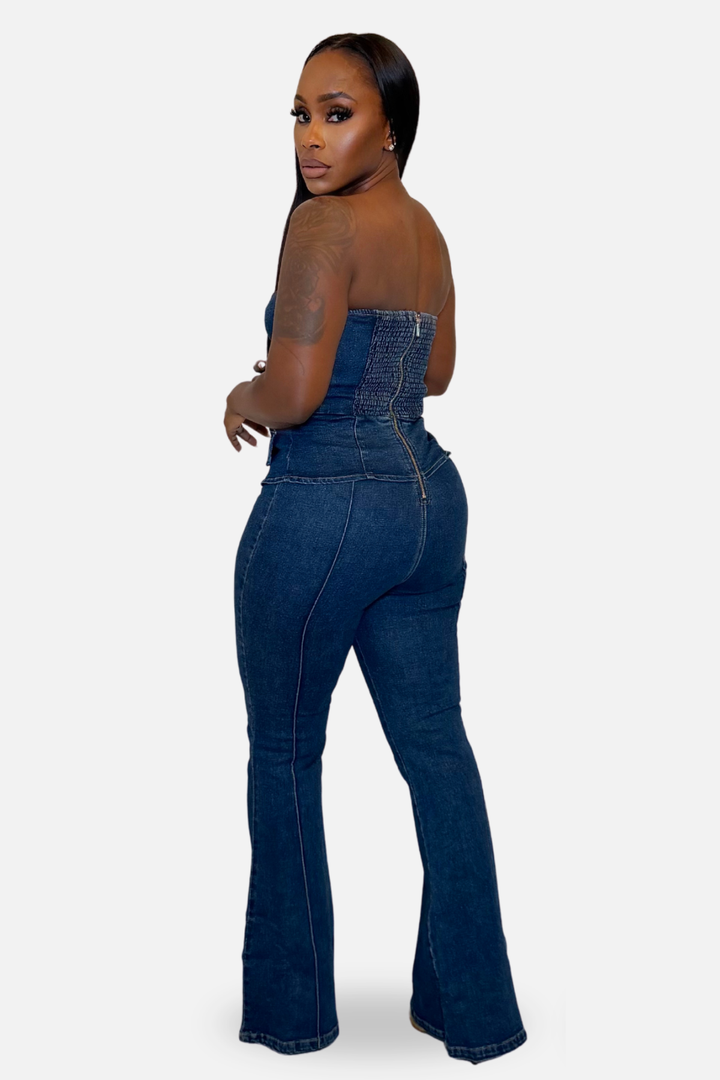 The Monroe Strapless Denim Vest &amp;amp; Flare Pants Set [Dark Wash]