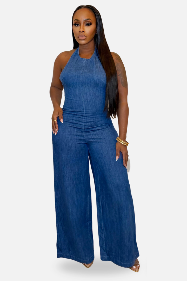 The Capri Halter Wide-Leg Denim Jumpsuit [Dark Wash]