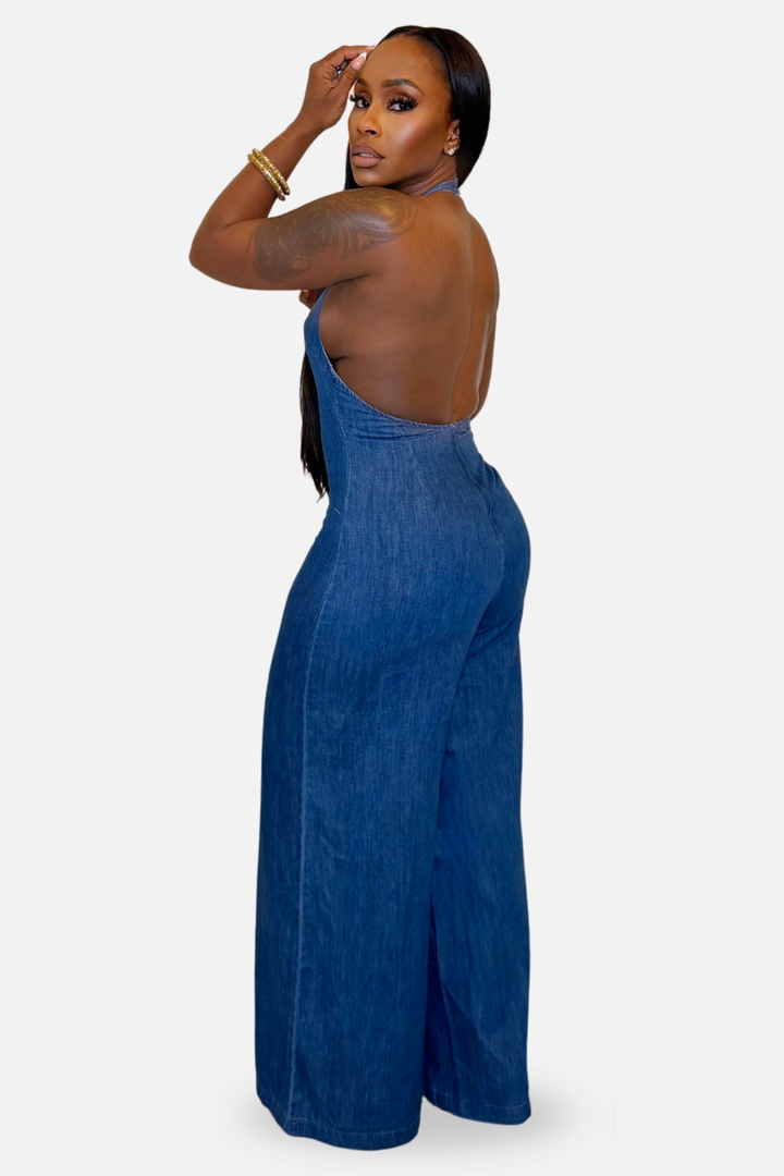 The Capri Halter Wide-Leg Denim Jumpsuit [Dark Wash]