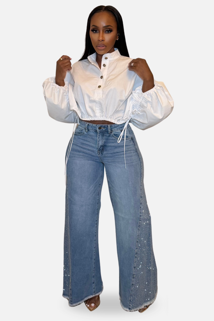 Shimmer Wide-Leg Denim Jeans [Light Wash]