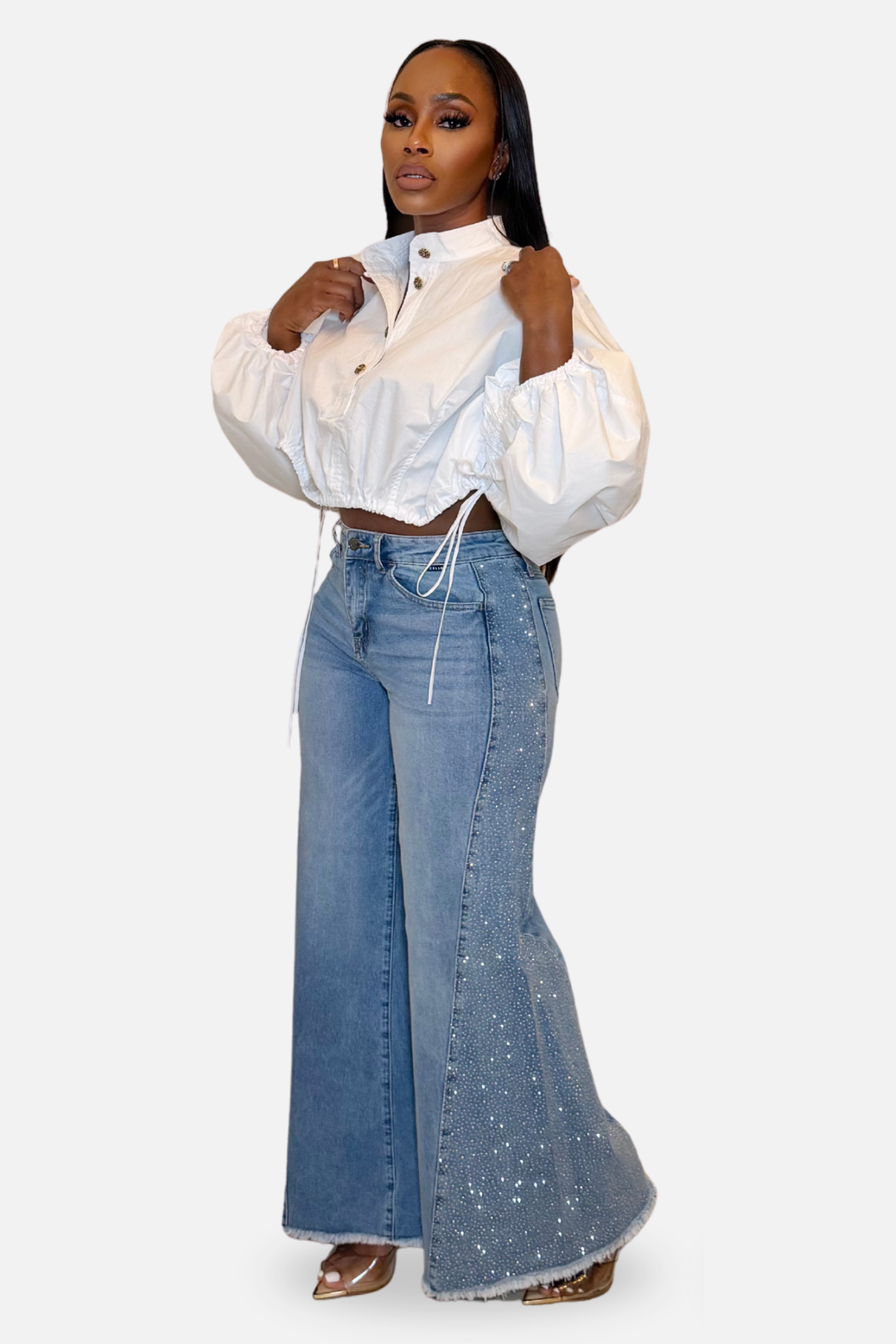 Shimmer Wide-Leg Denim Jeans [Light Wash]
