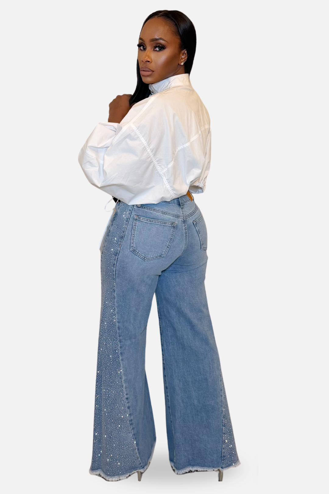 Shimmer Wide-Leg Denim Jeans [Light Wash]