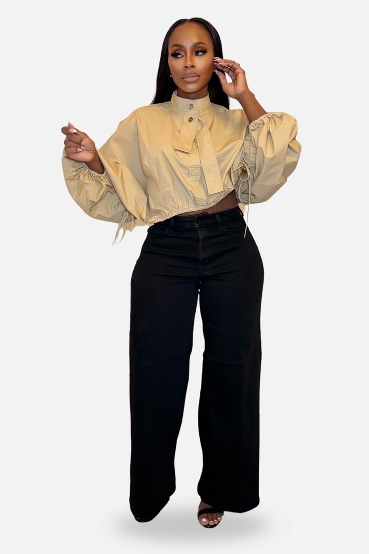 The Élise Statement Balloon Sleeve Top [White &amp;amp; Beige]