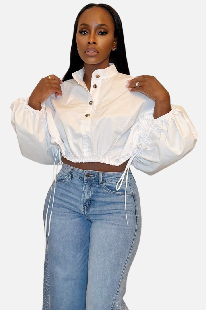 The Élise Statement Balloon Sleeve Top [White &amp;amp; Beige]