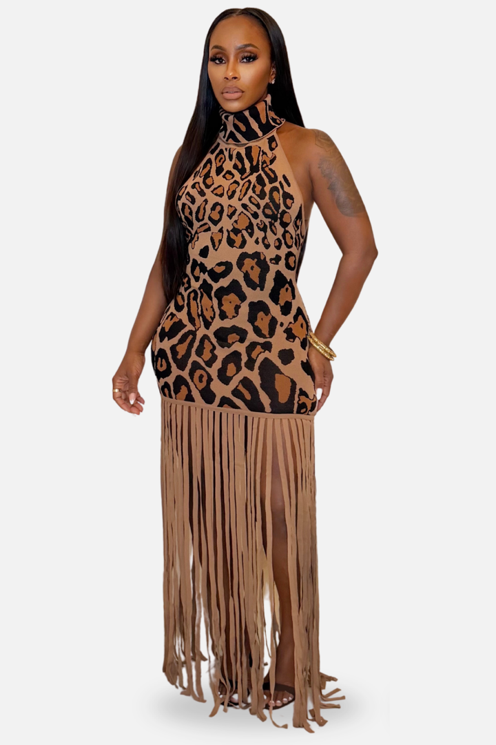 The Zahara Fringe Halter Maxi Dress [Leopard Print]