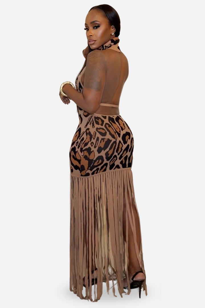 The Zahara Fringe Halter Maxi Dress [Leopard Print]