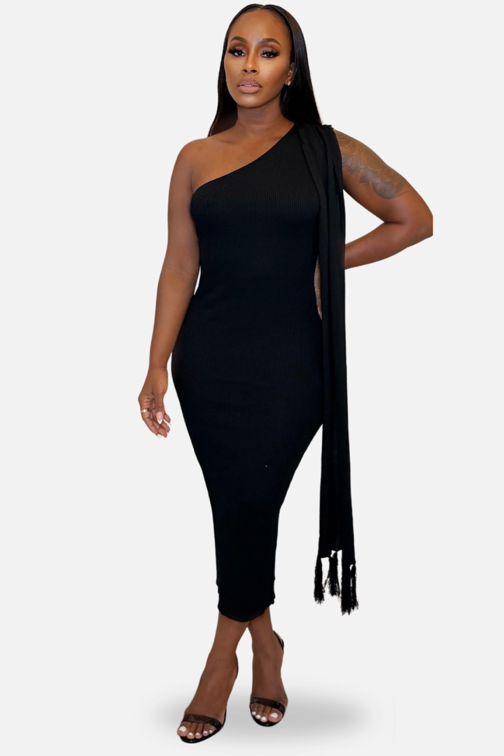 The Amara One-Shoulder Draped Knit Midi Dress