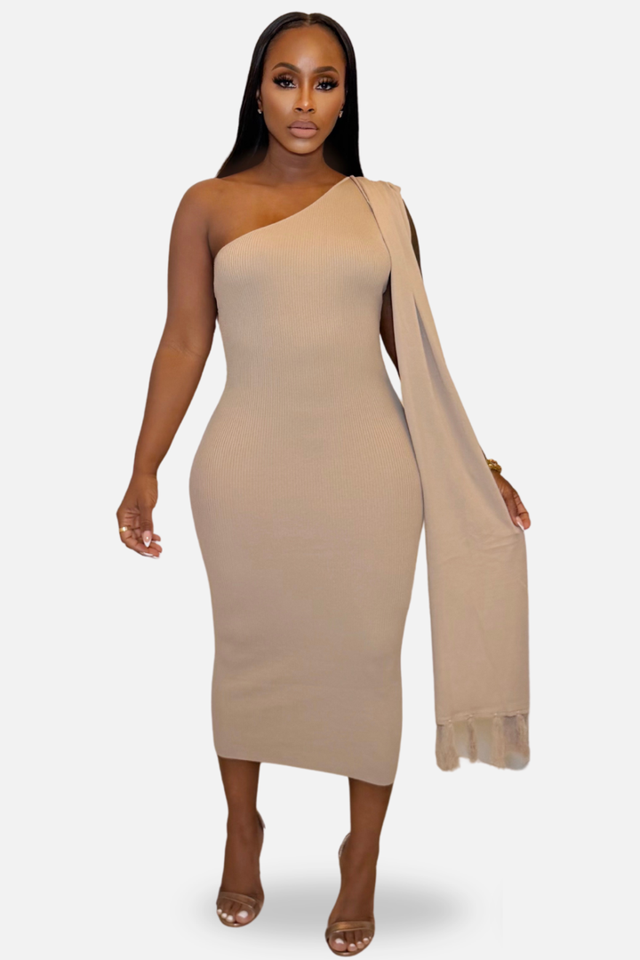 The Amara One-Shoulder Draped Knit Midi Dress