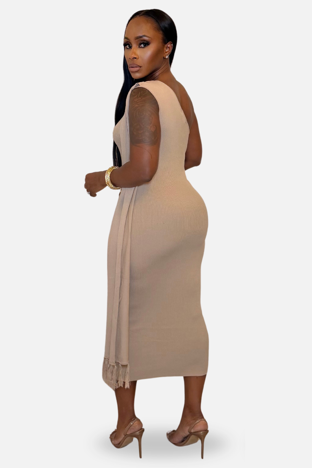 The Amara One-Shoulder Draped Knit Midi Dress