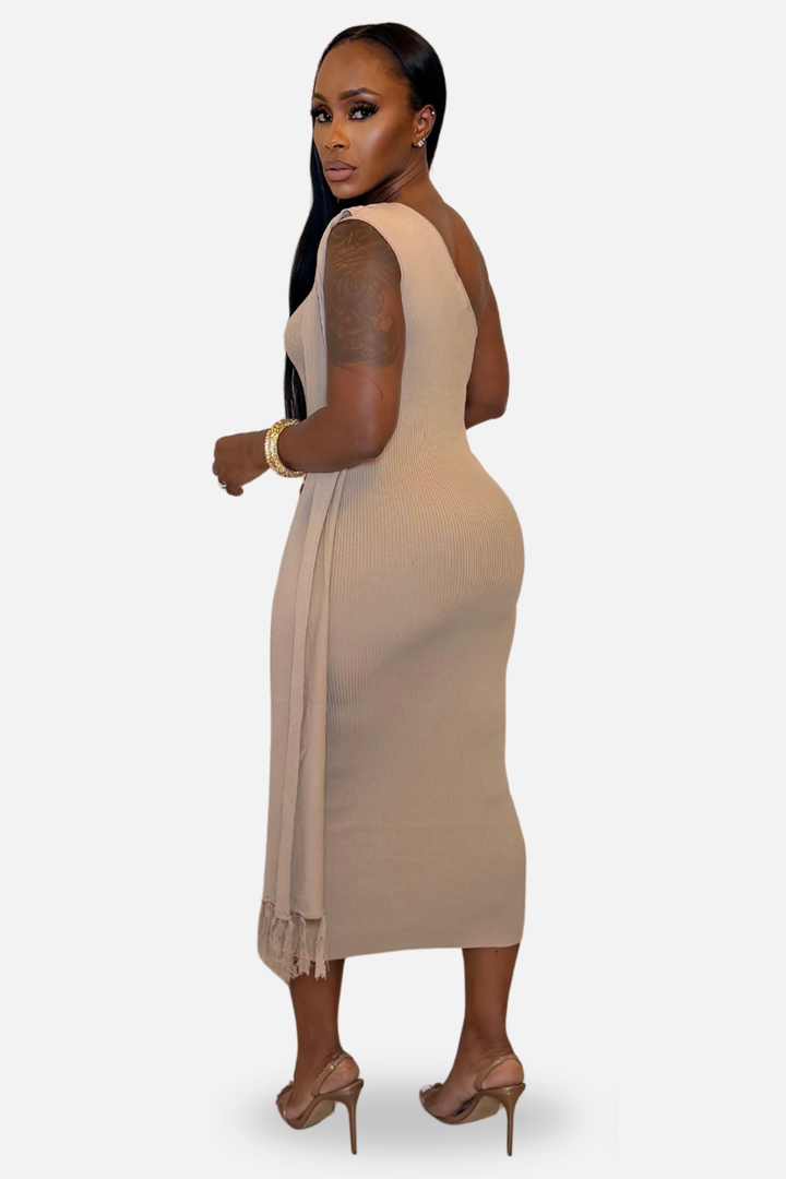 The Amara One-Shoulder Draped Knit Midi Dress