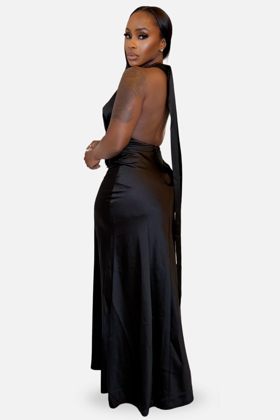 The Sienna Satin Cowl Halter Maxi Dress Black