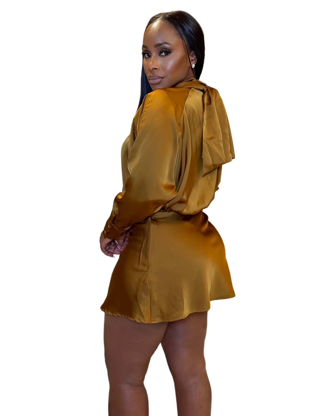 The Aurelia Satin High-Neck Mini Dress [Golden Bronze]