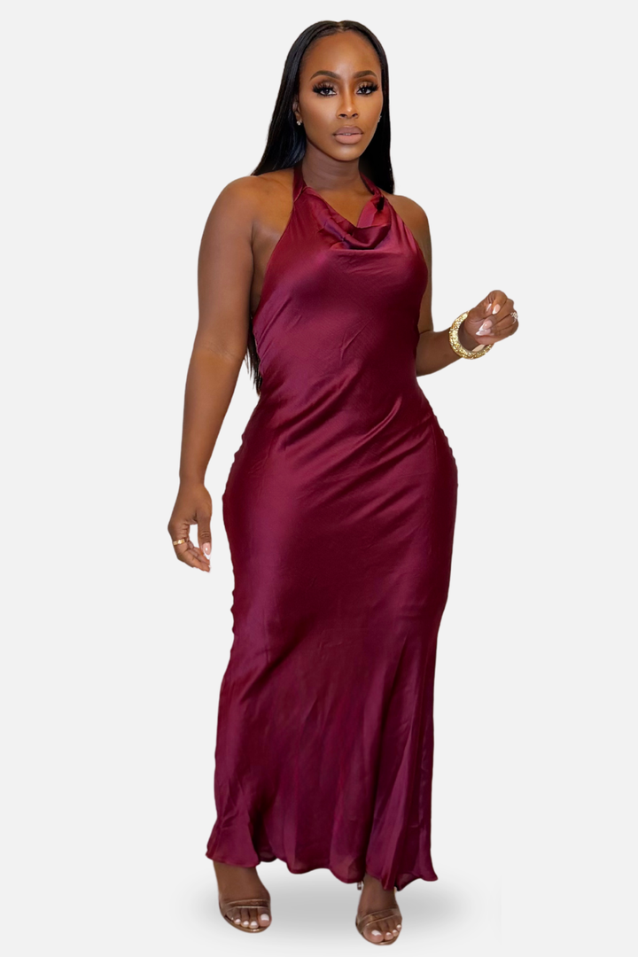 The Amara Satin Halter Maxi Dress – Burgundy