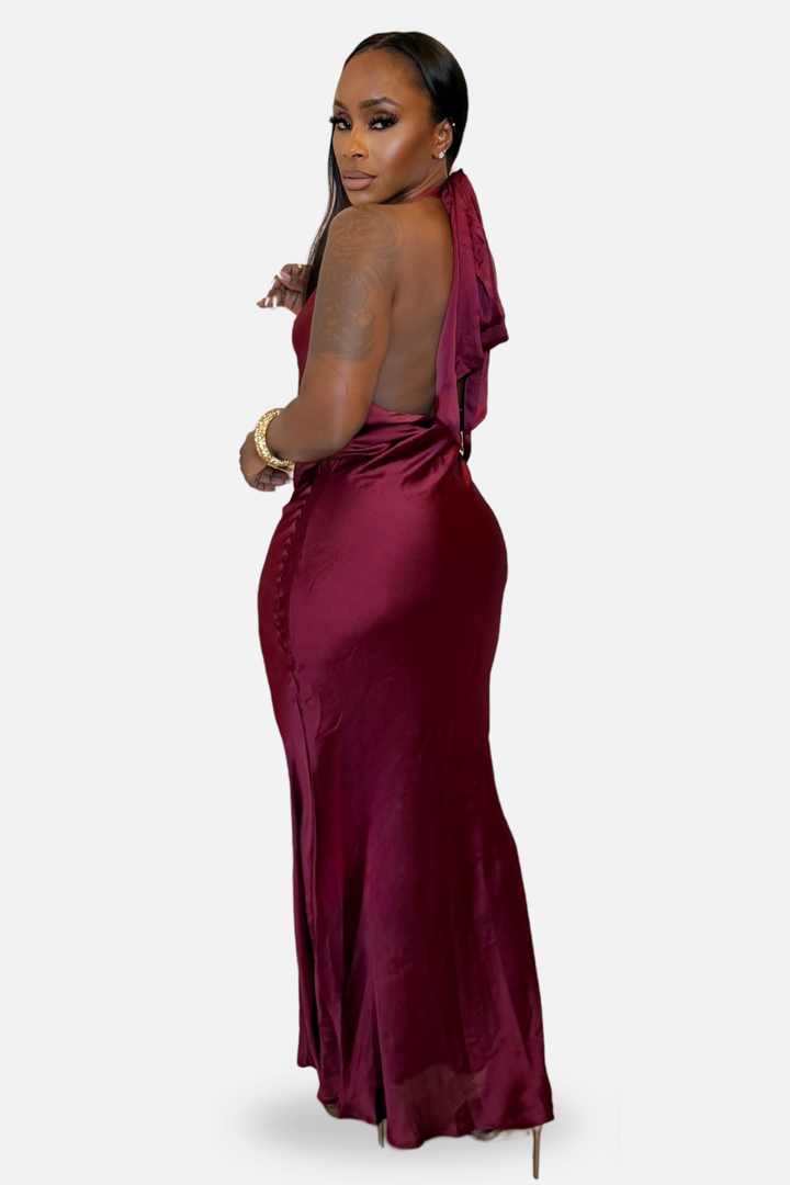 The Amara Satin Halter Maxi Dress – Burgundy