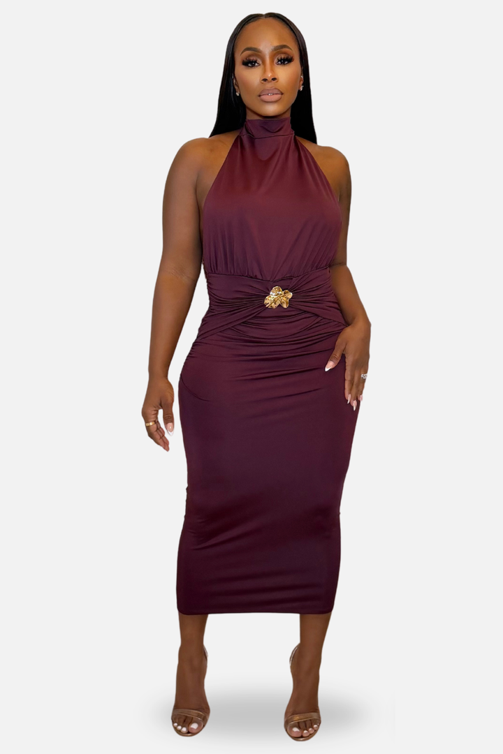 The Sienna Gold Accent Halter Midi Dress – Plum