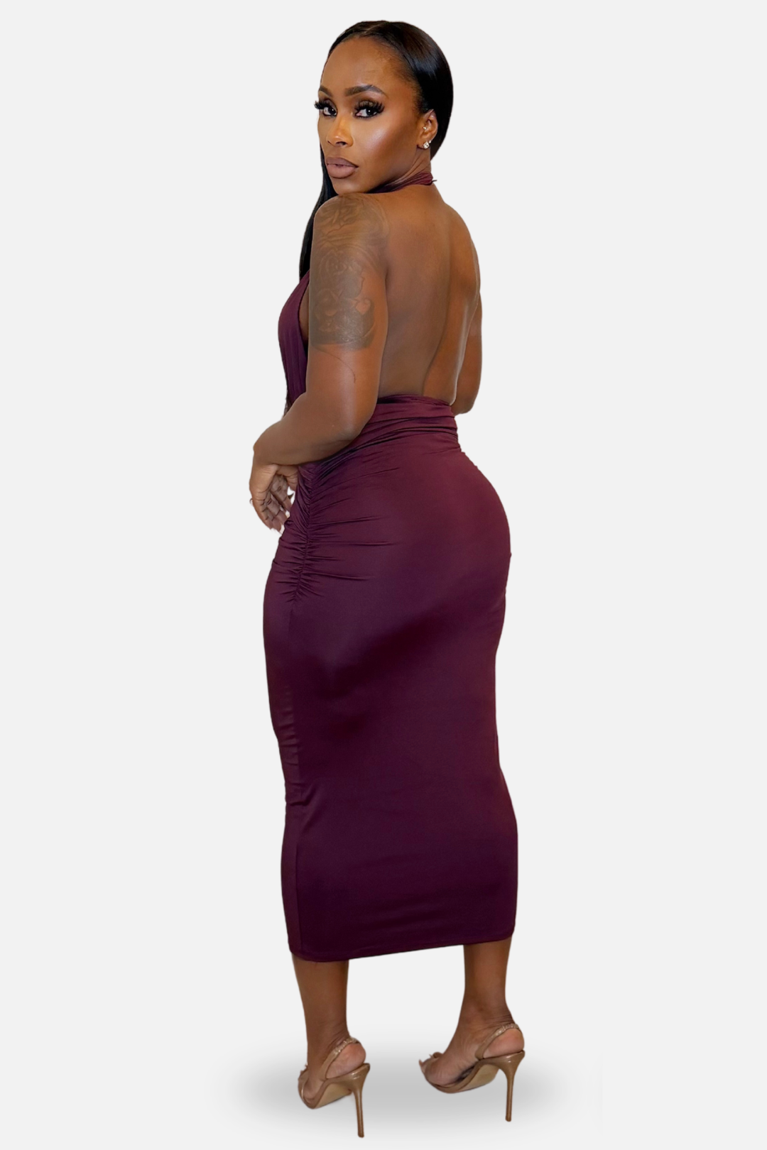 The Sienna Gold Accent Halter Midi Dress – Plum