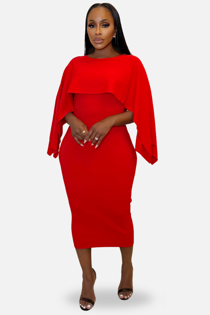 The Valentina Draped Cape Midi Dress – Red