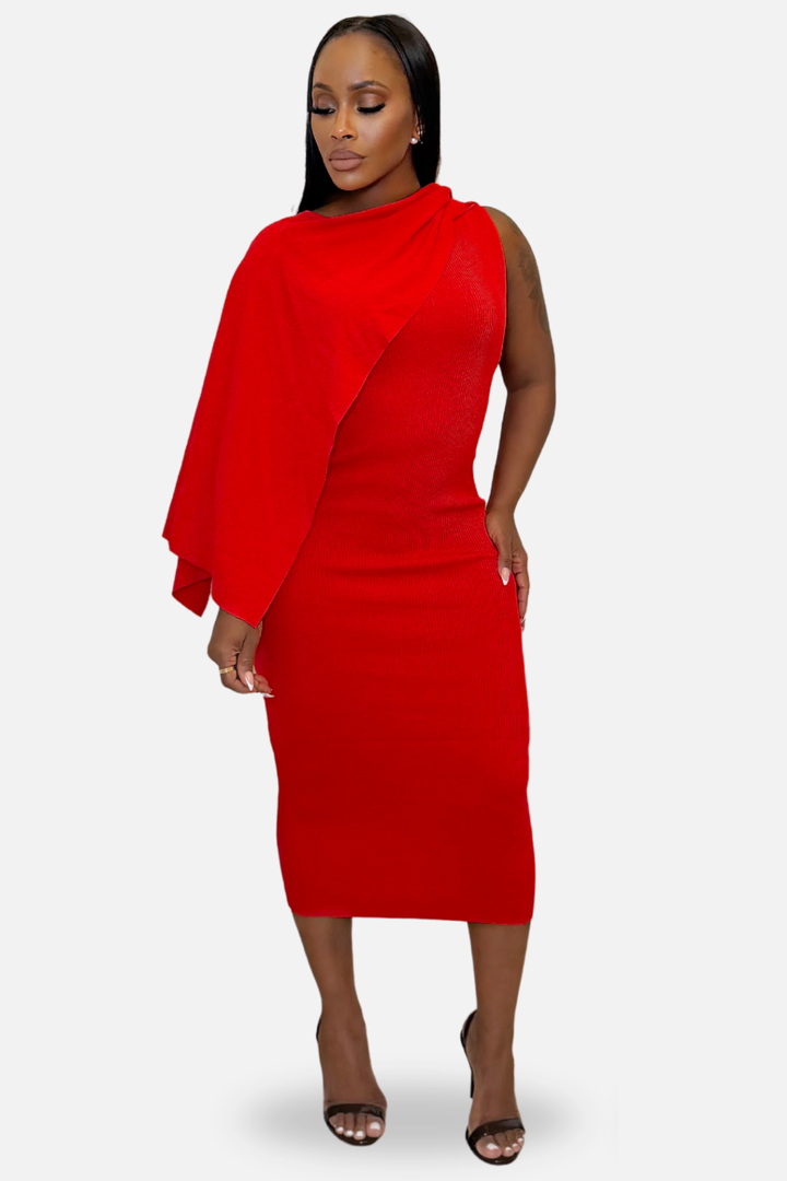 The Valentina Draped Cape Midi Dress – Red