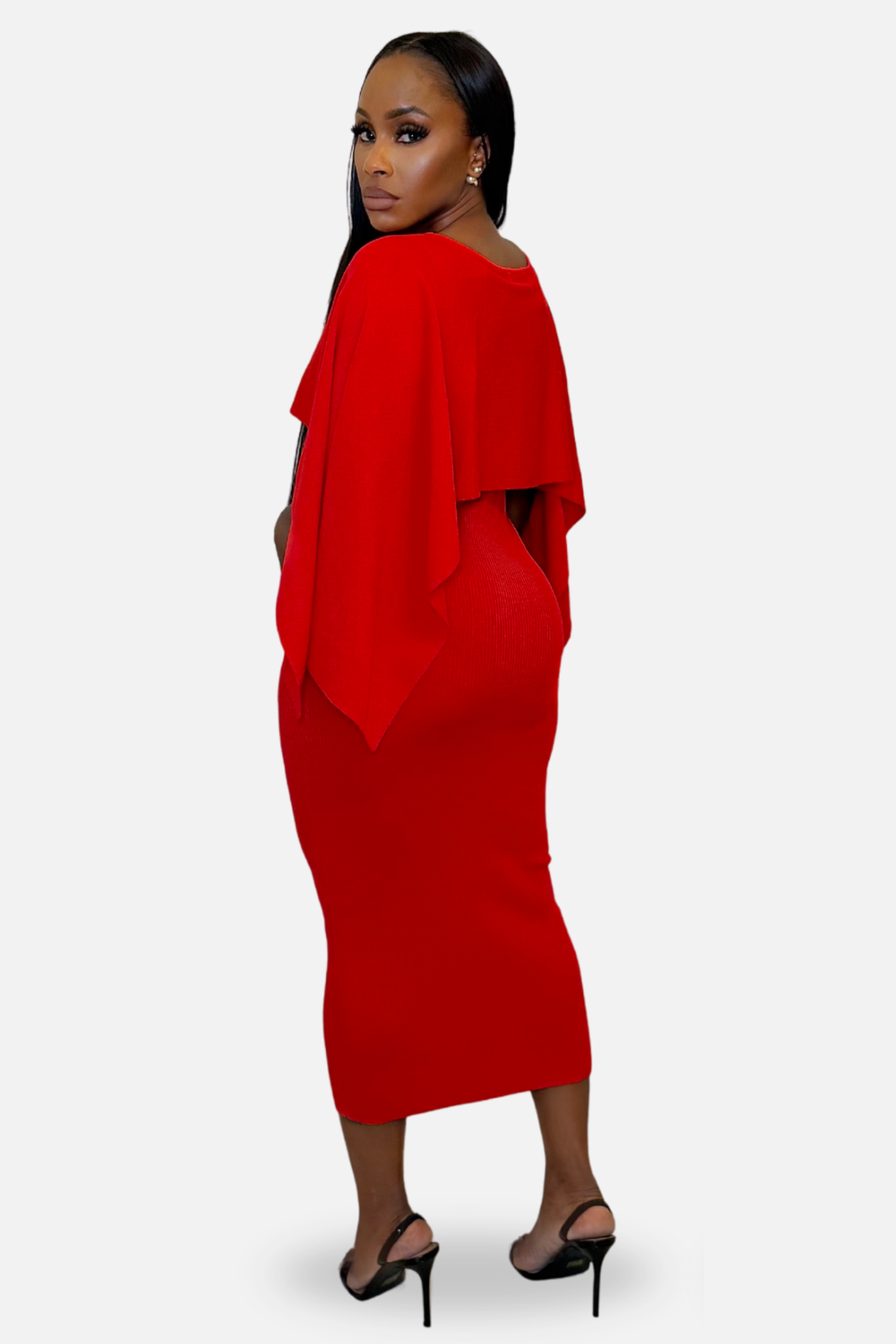 The Valentina Draped Cape Midi Dress – Red