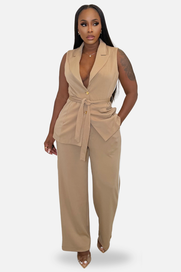 The Camille Tailored Vest &amp; Wide-Leg Pants Set – Camel