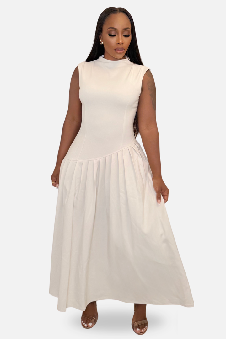 The Elodie Asymmetric Pleated Maxi Dress [Ivory]
