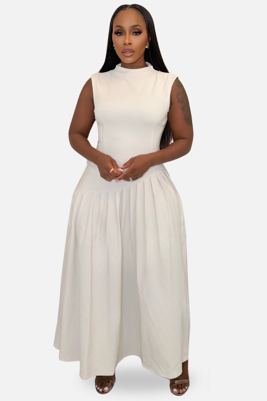 The Elodie Asymmetric Pleated Maxi Dress [Ivory]
