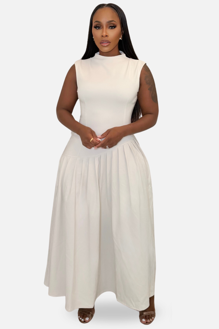 The Elodie Asymmetric Pleated Maxi Dress [Ivory]