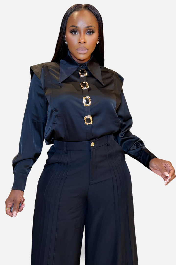 The Victoria Gold Accent Statement Blouse [Black]
