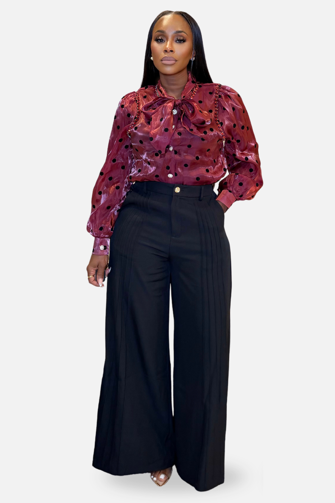 The Amara Polka Dot Bow Blouse [Burgundy]