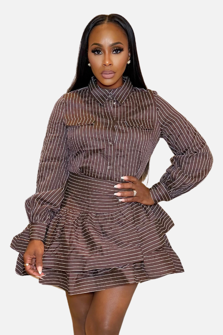 The Blair Pinstripe Ruffle Mini Dress [Chocolate Stripe]