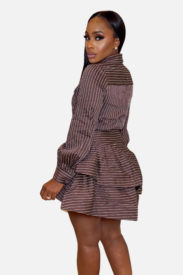 The Blair Pinstripe Ruffle Mini Dress [Chocolate Stripe]
