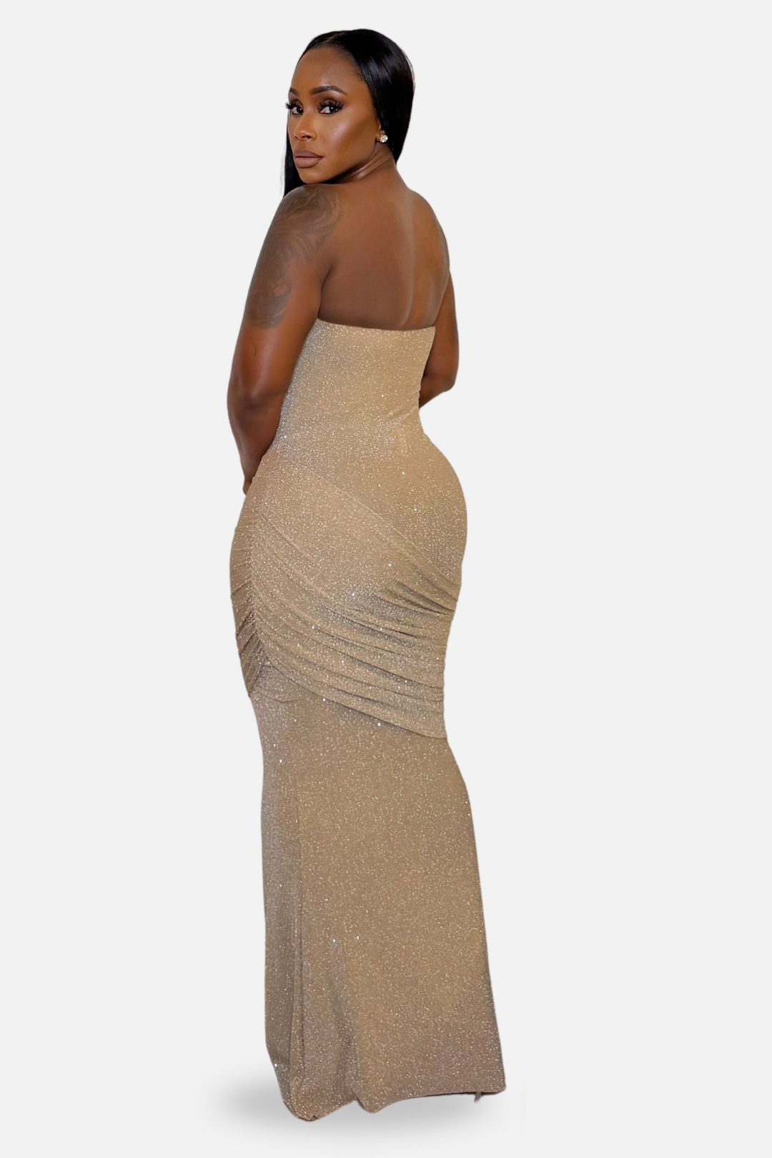 The Celeste Shimmer Ruched Maxi Dress [Champagne]