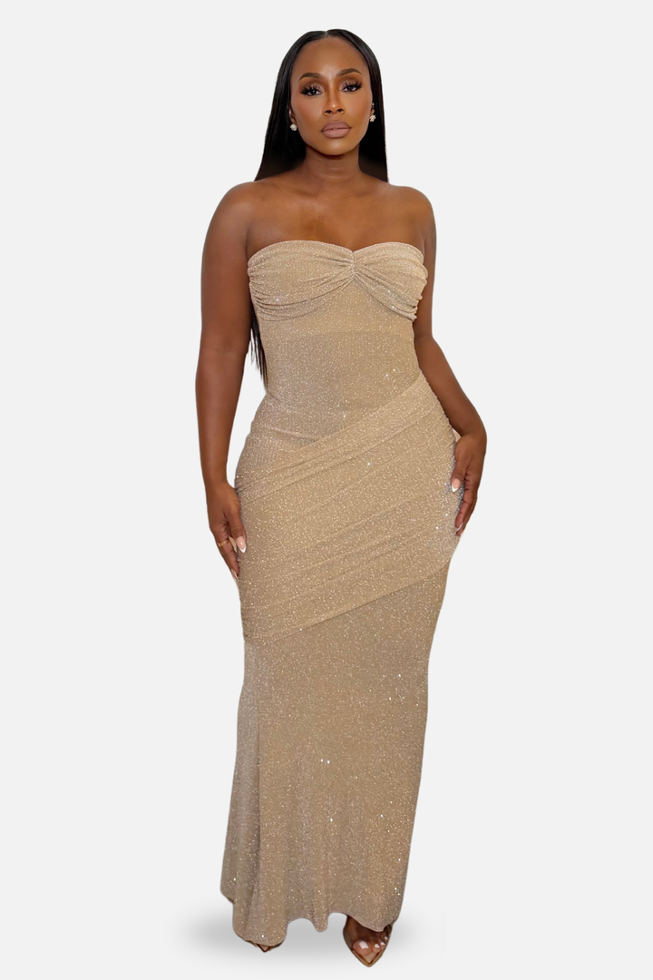 The Celeste Shimmer Ruched Maxi Dress [Champagne]