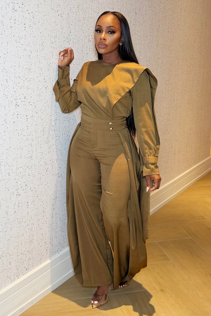 The Valentina Draped Wide-Leg Pant Set [Taupe]