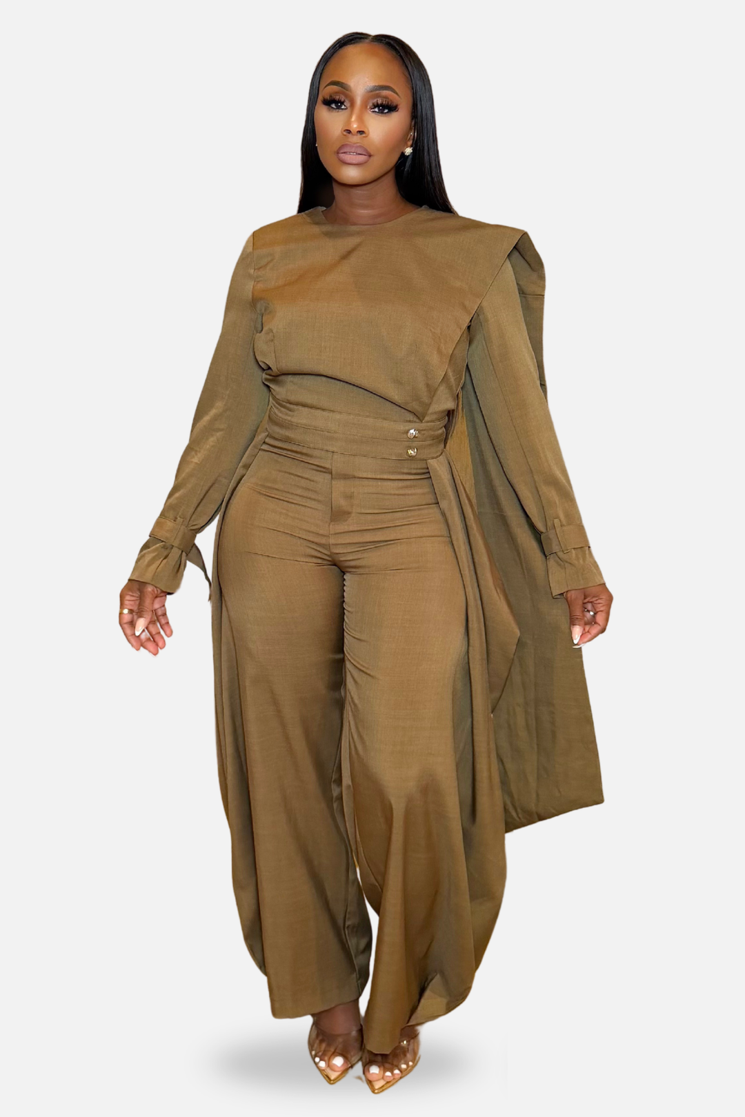 The Valentina Draped Wide-Leg Pant Set [Taupe]
