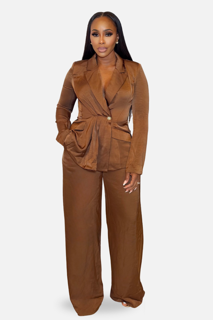 The Sienna Draped Blazer Pant Set – Cognac