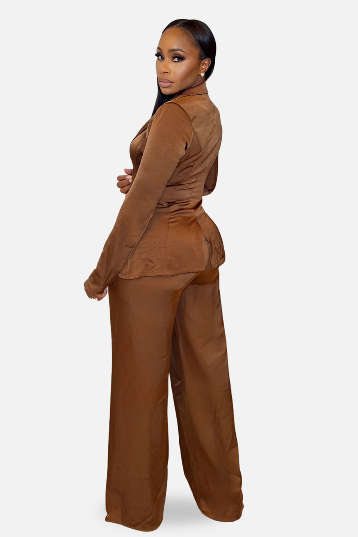 The Sienna Draped Blazer Pant Set – Cognac