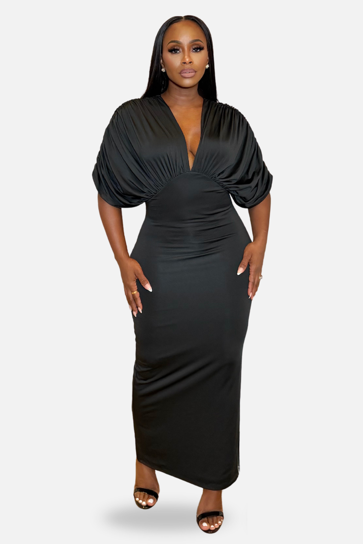 The Amara Ruched Maxi Dress – Black