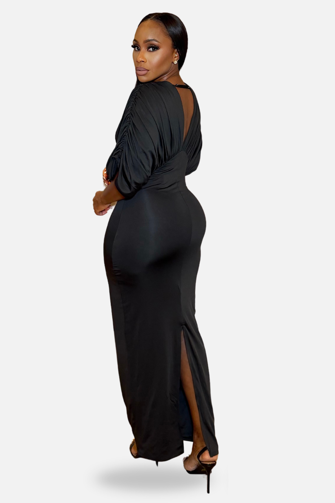 The Amara Ruched Maxi Dress – Black
