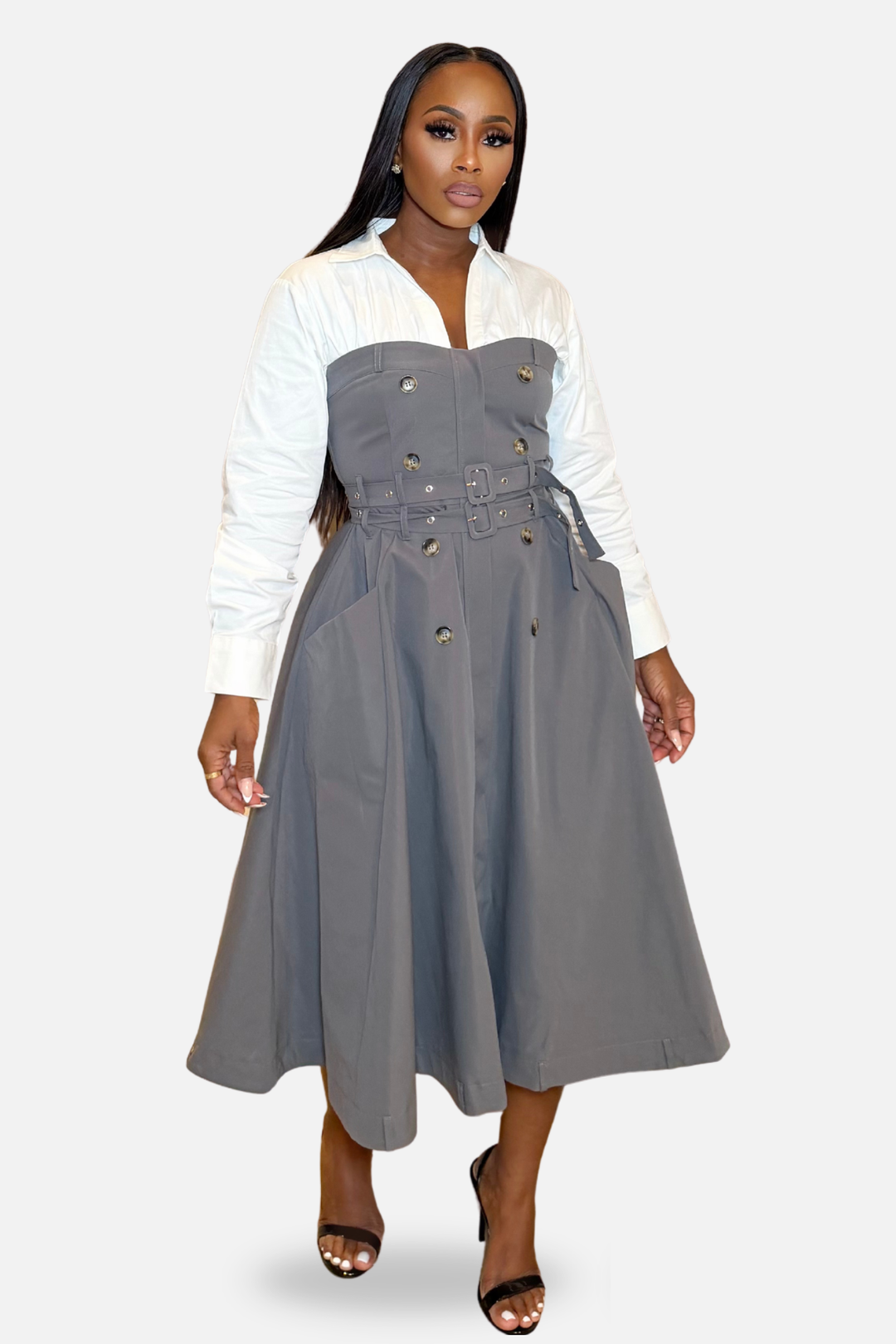 The Elara Double-Belted Shirt Midi Dress [Grey/White]