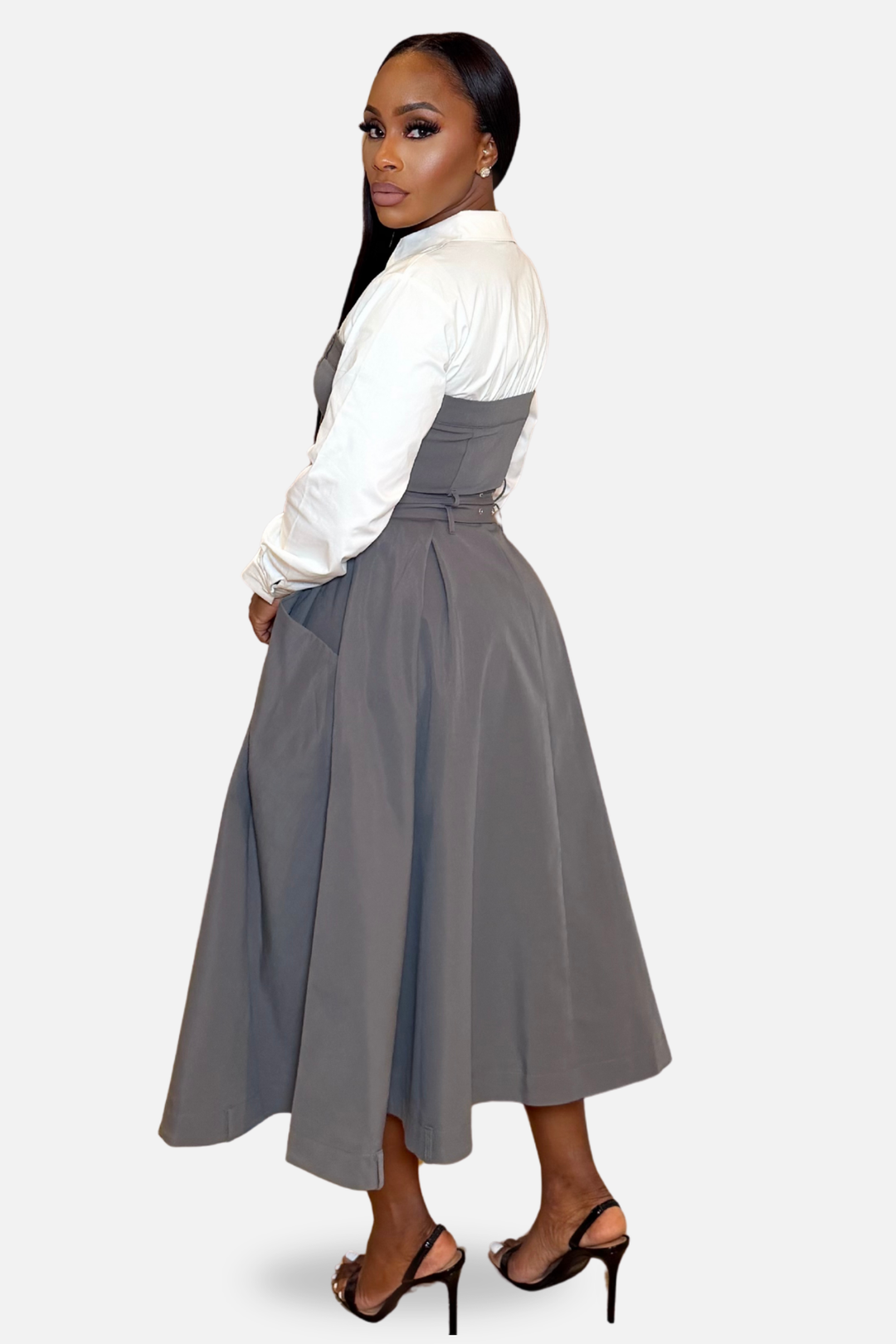 The Elara Double-Belted Shirt Midi Dress [Grey/White]