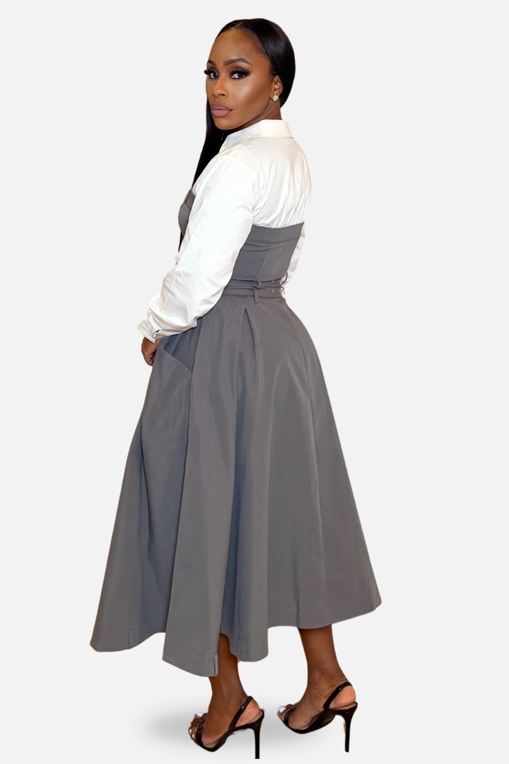 The Elara Double-Belted Shirt Midi Dress [Grey/White]